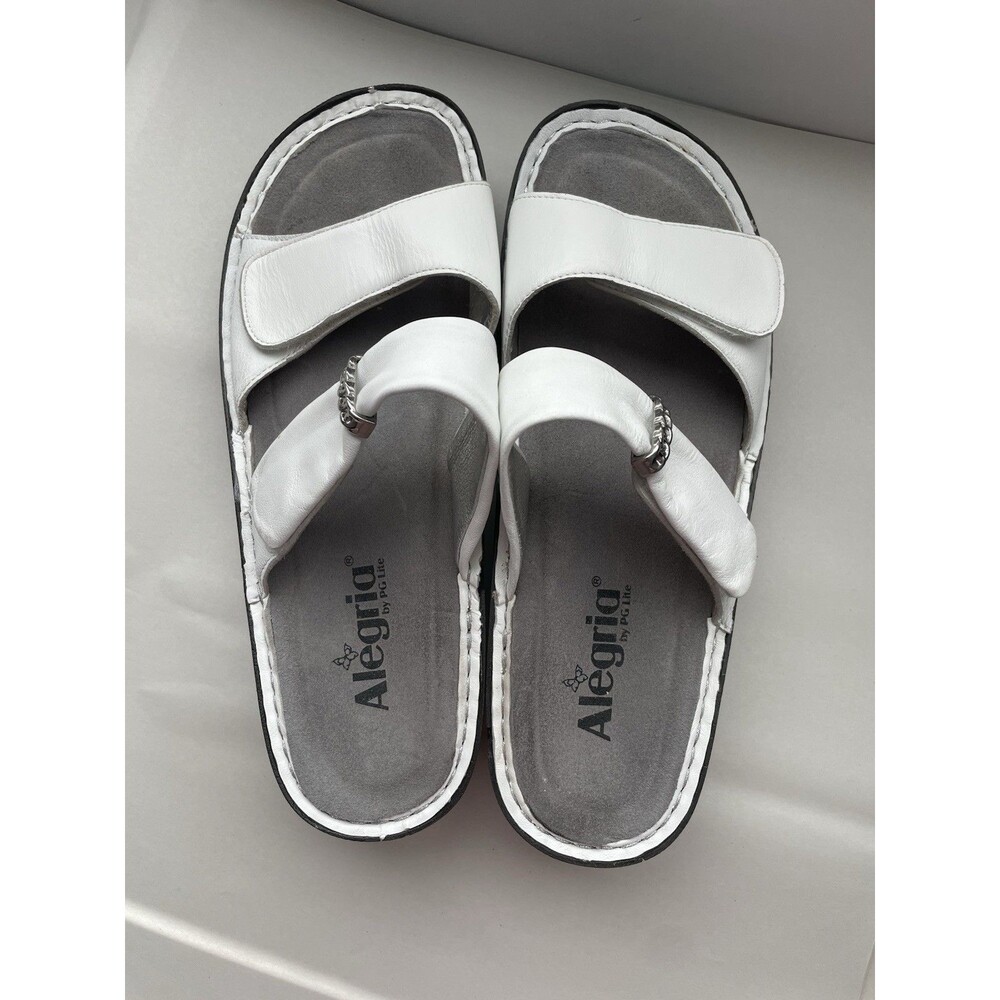 Alegria White Leather Slide Sandals US 11 Comfort Butterfly Sole Slip Resistant